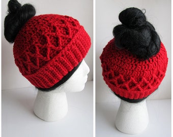 Messy Bun Hat CROCHET PATTERN - Pattern for Crochet Ponytail Hat - Messy Bun Beanie Pattern - Knit Cable Crochet Messy Bun Hat Pattern