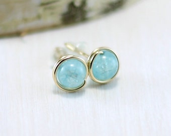 Aquamarine Earrings, 14k Gold Filled Blue Aquamarine Stud Earrings Yellow Gold Wire Wrapped March Birthstone Post Earrings