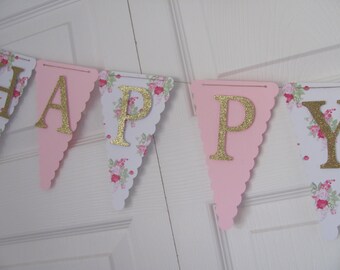 Birthday Banner, Happy Birthday Banner, Happy Birthday, Girl Banner 1st Birthday, Pink and Glitter Gold