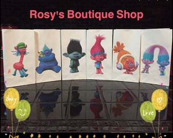 Trolls goody bags, Birthday party goody bags, Paper bags, Trolls treat bags,Trolls