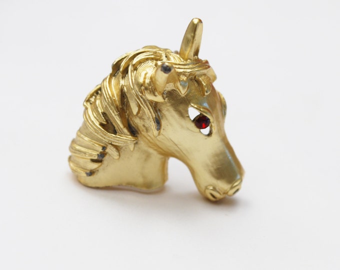 Gold Horse Head Brooch - Red rhinestone - Figurine - Equestrian pin