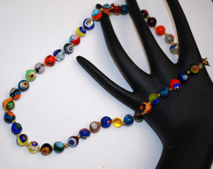 Italian bead necklace - Art glass work Italy beads - Venitian - Millefiori blue red black orange yellow - knotted beads