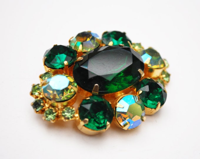 Green Rhinestone brooch - Gold plated Setting - Aurora Borealis - Rhinestone Pin