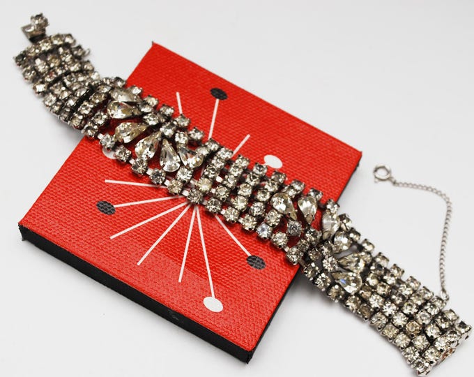 Dorians Rhinestone Bracelet - wide mid five row clear stones - silver setting - Mid Century 1958 Glamour Bling