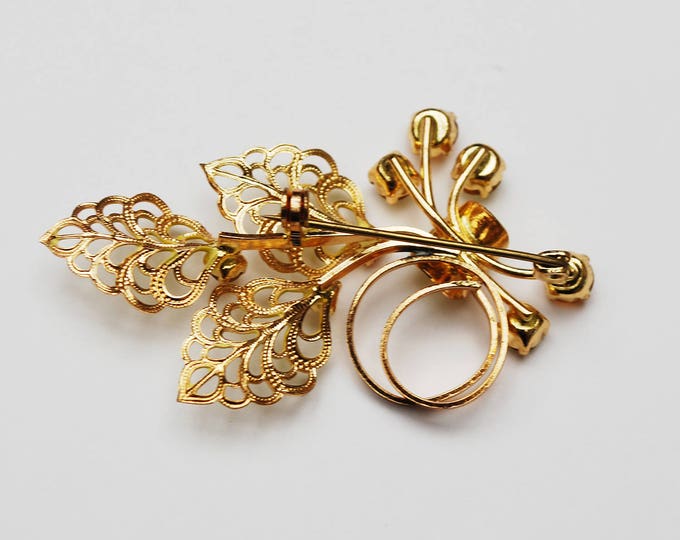 Leaf Flower Brooch - Orange Rhinestone -Yellow enamel - Mid Century pin