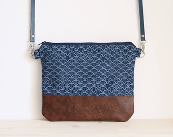 Japanese bag, blue japanese handbag, crossbody bag, blue foldover bag, shoulder bag, clutch bag - Blue Seigaiha
