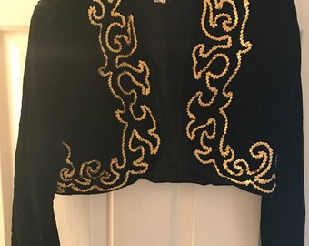 Vintage 1990's Velvet and Gold Brocade Bolero Jacket Size Small x-small 4 6