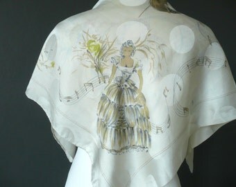 Vintage silk scarf - 1950s silk scarf - vintage rose print scarf - vintage crinoline lady silk scarf - silk music scarf