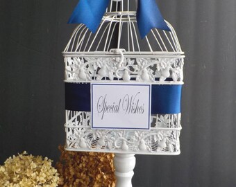 Antique White Birdcage Wedding Money Holder on White Pedestal, Well Wishes Birdcage Card Holder, Bridal Shower, Baby Shower, Wedding Cards