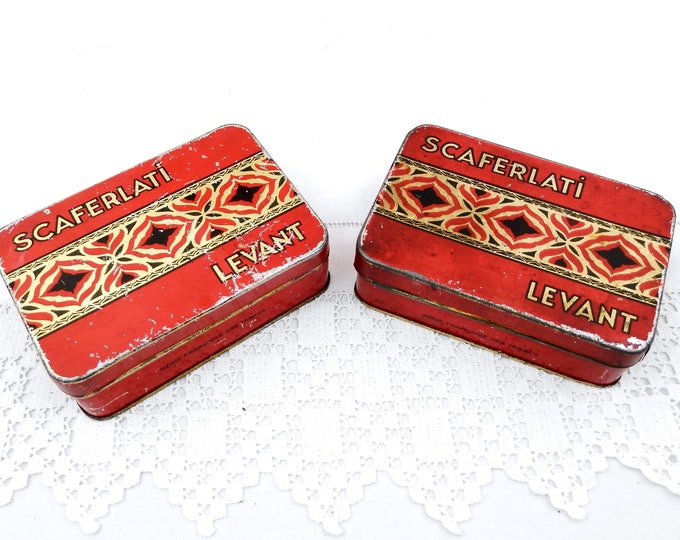 2 Vintage French Matching Metal Tobacco Tins "Scaferlati Levant" Red and Gold Graphics and Pattern, French Decor, Matching Pair, Retro Tin 2 Vintage French Matching Metal Tobacco Tins "Scaferlati Levant" Red and Gold Graphics and Pattern, French Decor, Matching Pair, Retro Tin