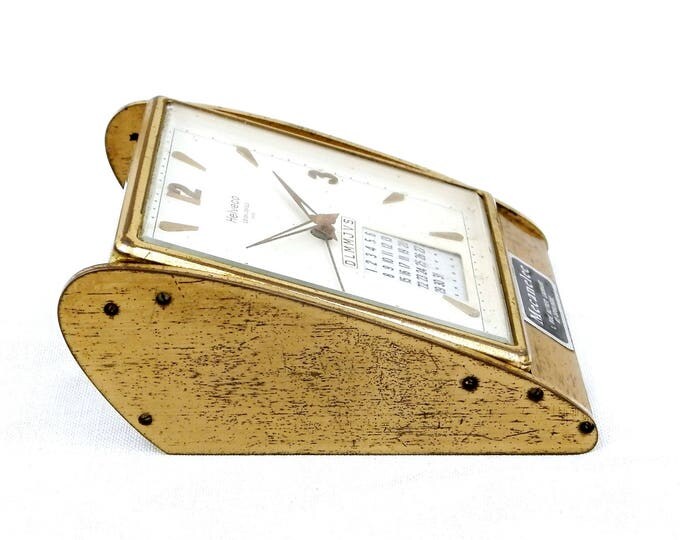 Working Vintage Swiss Helveco Mid Century 7 Jewels Gold 1950s Mechanical Desk Clock Perpetual Calendar, Wind-up Clock, Retro, Desk, Office