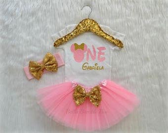 Baby Girl Disney Minnie Mouse, Light Pink and Gold with Custom Name, Birthday Tutu Headband Set, Short and Long Sleeve Bodysuit Tshirt 330