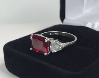 BEAUTIFUL 5.5ct Emerald Cut Ruby Ring Sizing 5 6 7 8 9 10 Trillion Accents White Sapphire Sterling Silver Jewelry Gift Mother Wife July Lab