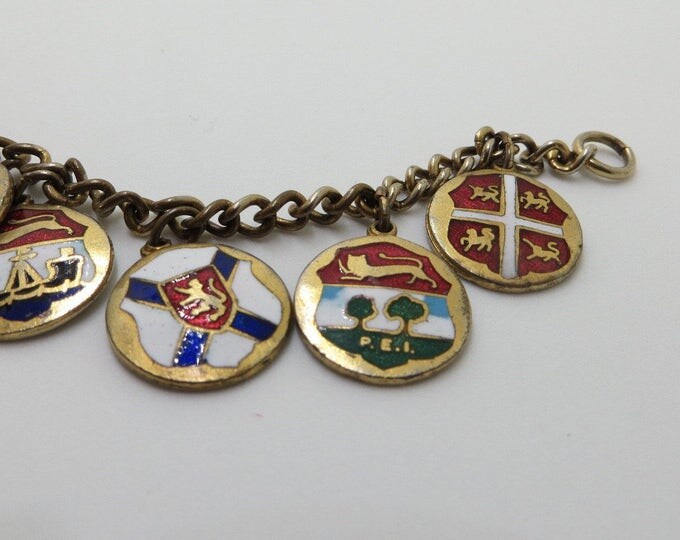 Vintage Enamel Charm Bracelet, Canadian Provinces, Ten Regions Canada, Vintage Souvenir Charms