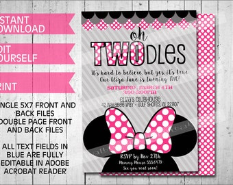 Oh Twodles Invitations Minnie Mouse Inspired Printable Template Instant Download Editable Girls Birthday Party- Pink 5x7