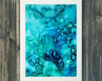 Original abstract painting blue and green ocean ink painting
