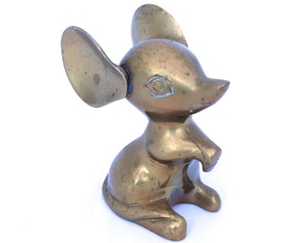 Vintage Large Brass Mouse Figurine, Big Eared Brass Mouse, Brass Mouse Ornament, Kitsch Mouse, Mid Century Brass, Brass Mouse Paperweight