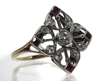 Antique Edwardian Engagement Ring Old European Cut Diamonds Lab Created Rubies Size 6 1/2