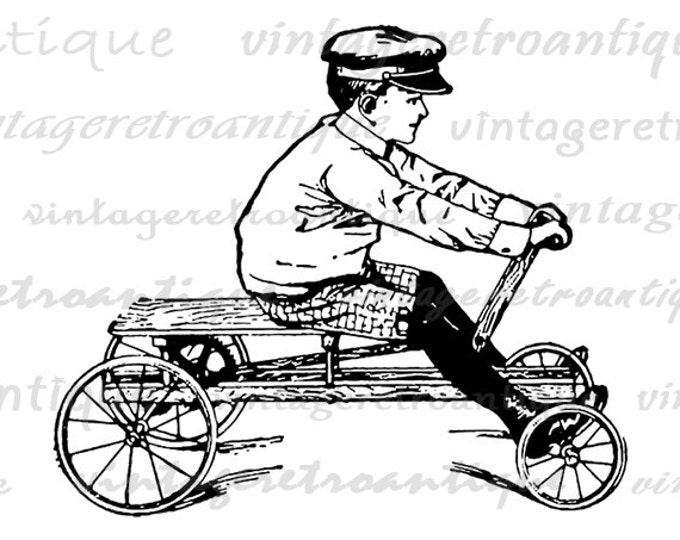 Old Fashioned Boy with Toy Car Digital Printable Graphic Childrens Wagon Image Download Antique Clip Art Jpg Png Eps HQ 300dpi No.1793