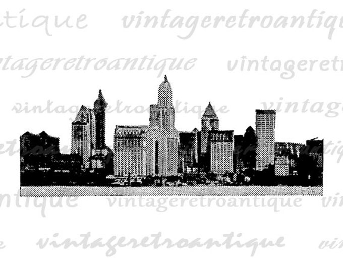 City Skyline Digital Image Graphic Skyscrapers Printable Illustration Download Vintage Clip Art Jpg Png Eps HQ 300dpi No.1934