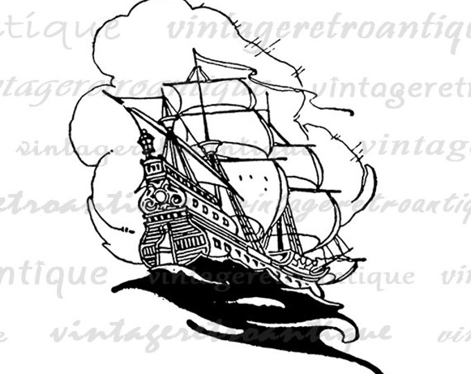 Digital Printable Ship in the Sky Graphic Boat Image Download Antique Clip Art Jpg Png Eps HQ 300dpi No.3029