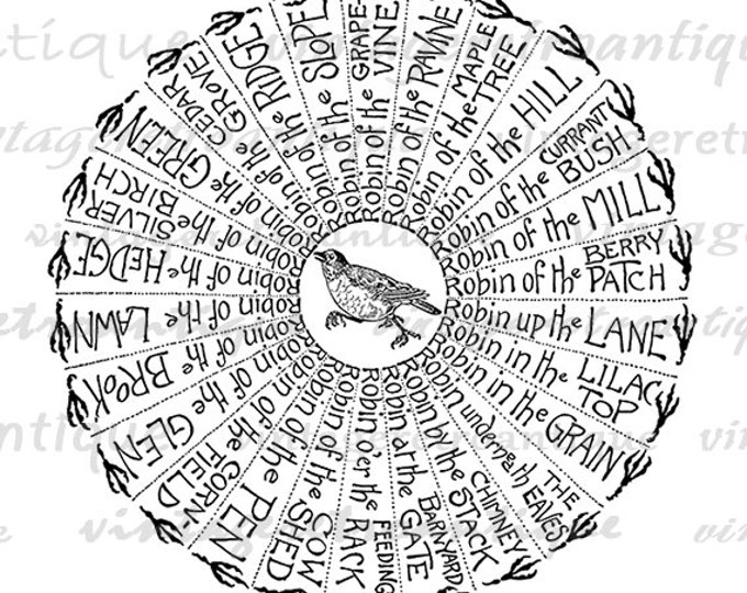 Digital Robin Bird Graphic Image Text Wheel Download Illustration Printable Antique Clip Art Jpg Png Eps HQ 300dpi No.3021