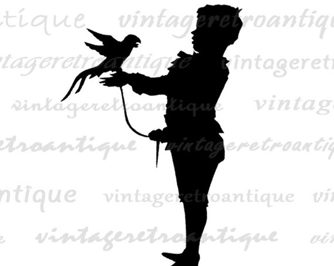 Printable Boy with Bird Silhouette Graphic Image Illustration Digital Download Vintage Clip Art Jpg Png Eps HQ 300dpi No.3358