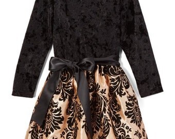 Black & Bronze Damask Velvet Dress - Infant, Toddler, Girls
