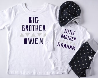Big Brother Little Brother Coming Home Outfit, Little: Personalized Bodysuit, Navy Triangles Jogger Pants, Slouchy Hat, Big Brother Shirt