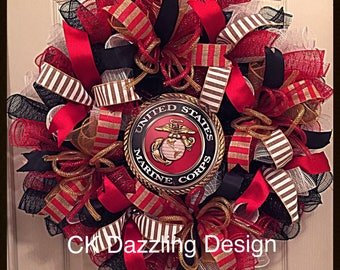 Marine Corps Deco Mesh Wreath/Military Wreath/Patriotic Wreath/Solider Wreath/Red, Black and Gold Marine Corps Wreath/Veterans Wreath