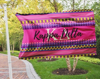 Kappa Delta flag, Hot pink Aztec print, 3 x 5 feet Polyester mesh, Customizable Sorority gift, KD letters dorm decor