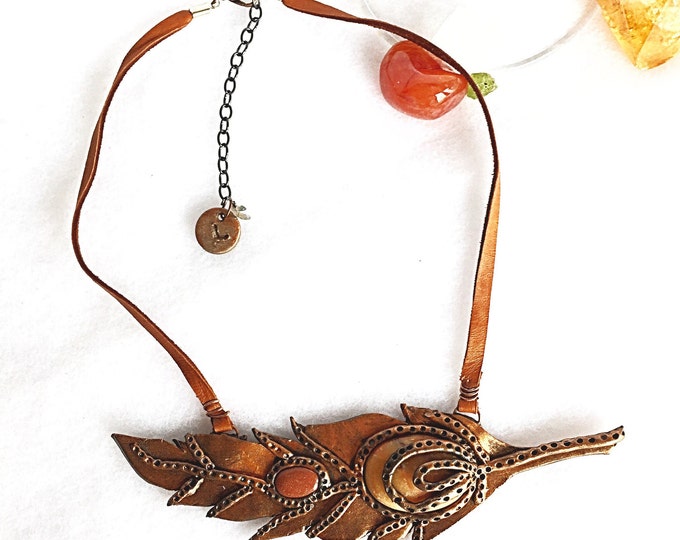 Tangerine Quartz and Shimmery Goldstone Coppery Bronze Feather Pendant on Deer Skin Leather, Free Spirit Boho Necklace, Crystal