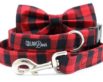 Red Black Buffalo Plaid Dog Collar Small Medium Large with Optional Bow Tie Accessory and Matching Leash 'Lumberjack'