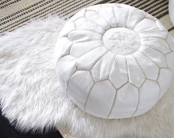 White Moroccan Pouf Ottoman-Nursery Footstool Pouf-Nursery Decor-Moroccan Leather Pouf-Boho Decor-Leather Pouf-Bohemian Home Decor-Cushions