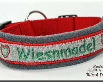 Dog collar in bavarian style, gray-red, embroidered with "WIESNMADEL".