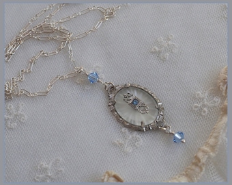 Vintage Camphor Glass Necklace - Sterling Silver Chain - Blue Crystal Beads