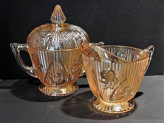 Vintage Iridescent Iris and Herringbone Platter Sugar Creamer Set 1950s Mid Century Country Cottage Farmhouse Home Decor Wedding Anniversary