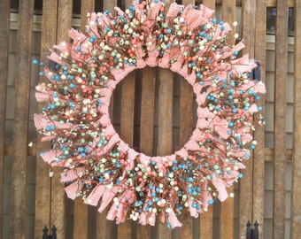 Easter Wreath, Spring Wreath, Pastel Wreath, Cottage Wreath, Shabby Wreath, Rag Wreath, Berry Wreath, Coral Pink Wreath, Nursery Wreath