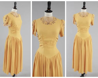Vintage original 1940s 40s 11011 double elevens label sunshine yellow crepe evening dress UK 8 10 US 4 6 S