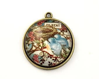 1 bird with empty nest glass pendant bronze tone ,28 mm # PEN 123