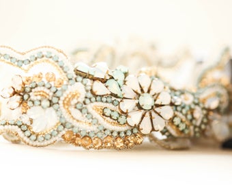 Opal Blue and Gold Wedding Garter Set, Bridal Garter Set , Unique Designer Garter Sets - Style R107