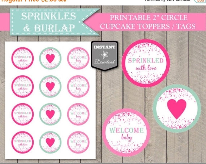 SALE INSTANT DOWNLOAD Sprinkle 2" Circle Cupcake Toppers / Favor Tags / Stickers / Baby Shower / Burlap and Sprinkles Collection / Item #110