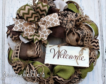 Summer Wreath, Spring Wreath, Burlap Wreath, Chevron Burlap, Shabby Chic Welcome Sign, Avocado Green, Chocolate Brown
