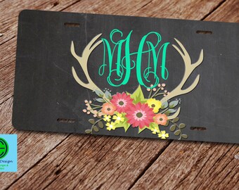 Custom License Plate. Custom License Plate Frame. Deer Antler License Plate. Water Color Floral License Plate. Deer Antler and Flowers.