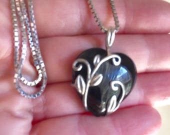 Sterling silver and black onyx heart pendant and chain