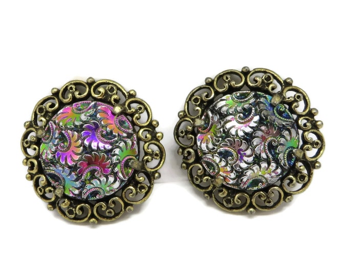 Judy Lee Iridescent Earrings - Vintage Signed Designer Gold Tone Flower Swirl Clip-ons, Gift for Her, Gift Boxed