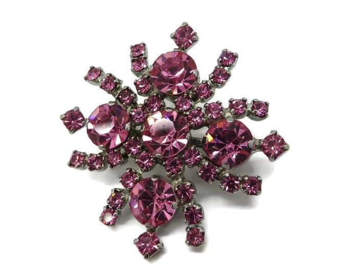 ON SALE! Kramer Pink Rhinestone Flower Brooch, Vintage Silver Tone Floral Pin