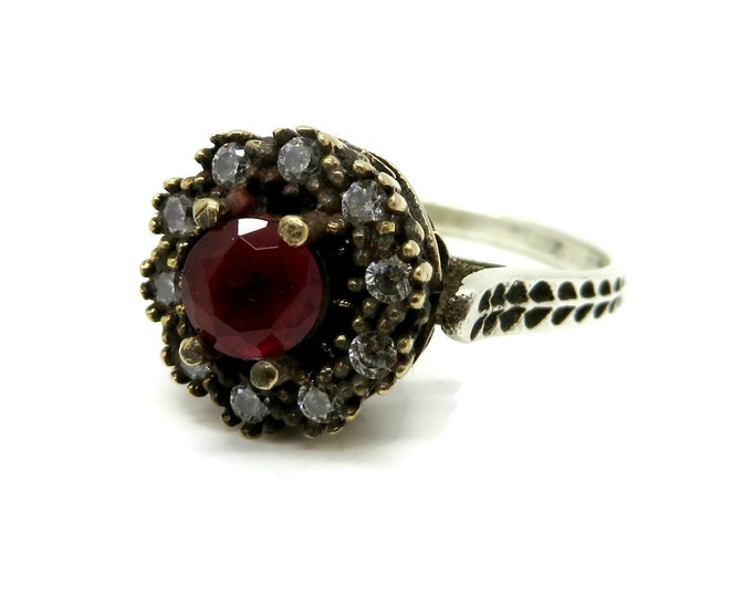 Ruby Topaz Cocktail Ring, Vintage Sterling Silver Antique Finish Ring, Size 6
