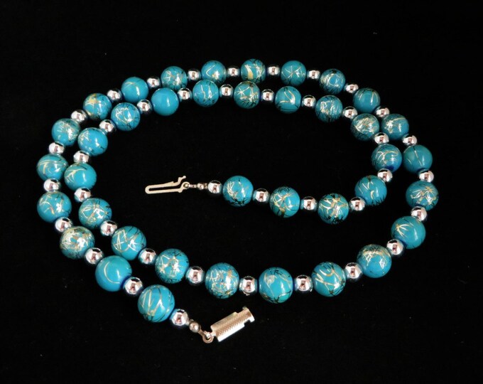 Teal Green Silver Tone Etched Bead Necklace, FREE SHIPPING