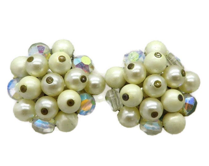 Laguna White Cluster Bead Earrings, Vintage Faux Pearl Rhinestone Clip-ons